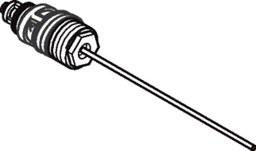 Axor Armatur mit runder, metallischer Struktur und einer langen, schmalen Düse. Die Verbindung erfolgt über ein Gewinde. Ideal für die Installation in Badezimmern.